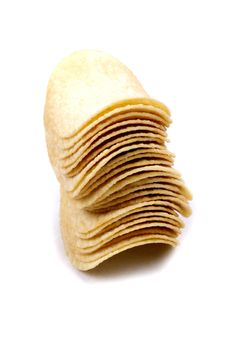 Tasty potato crisps (chips) isolated on a white background