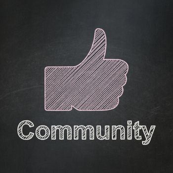 Social network concept: Thumb Up icon and text Community on Black chalkboard background, 3d render