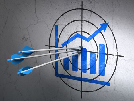 Success advertising concept: arrows hitting the center of Blue Growth Graph target on wall background, 3d render