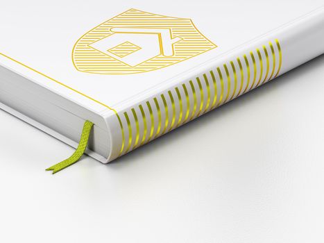 Finance concept: closed book with Gold Shield icon on floor, white background, 3d render