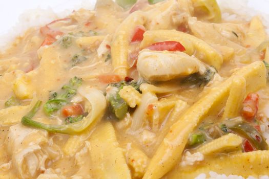 diced chicken in coconut curry sauce served with rice