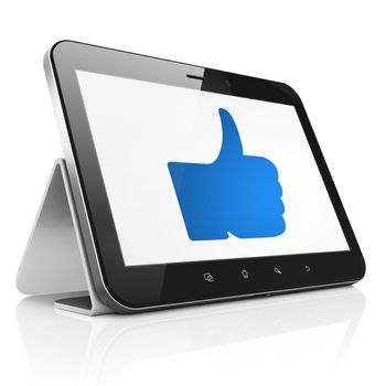 Social network concept: black tablet pc computer with Thumb Up icon on display. Modern portable touch pad on White background, 3d render