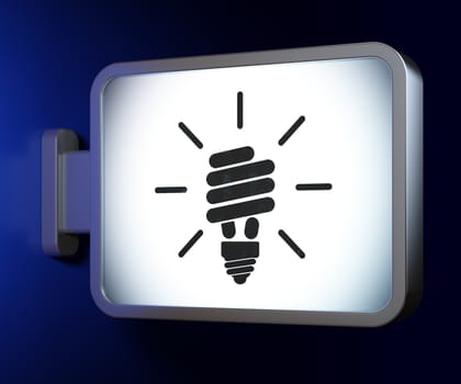 Business concept: Energy Saving Lamp on advertising billboard background, 3d render