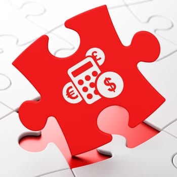 Advertising concept: Calculator on Red puzzle pieces background, 3d render