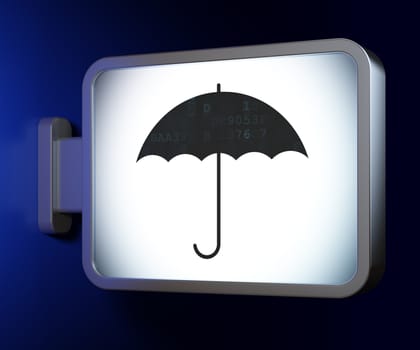 Security concept: Umbrella on advertising billboard background, 3d render