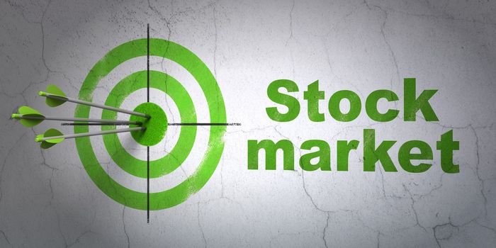 Success business concept: arrows hitting the center of target, Green Stock Market on wall background, 3d render