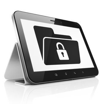 Finance concept: black tablet pc computer with Folder With Lock icon on display. Modern portable touch pad on White background, 3d render