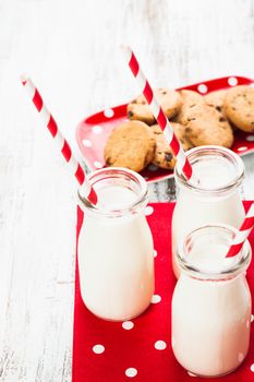 Milk in bottle with paper straw with cookies