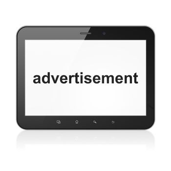 Advertising concept: black tablet pc computer with text Advertisement on display. Modern portable touch pad on White background, 3d render