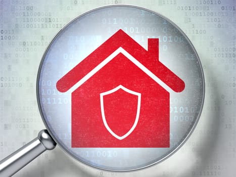 Security concept: magnifying optical glass with Home icon on digital background, 3d render