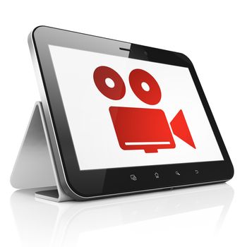 Travel concept: black tablet pc computer with Camera icon on display. Modern portable touch pad on White background, 3d render