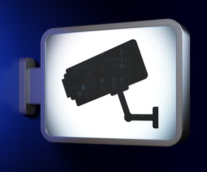 Protection concept: Cctv Camera on advertising billboard background, 3d render