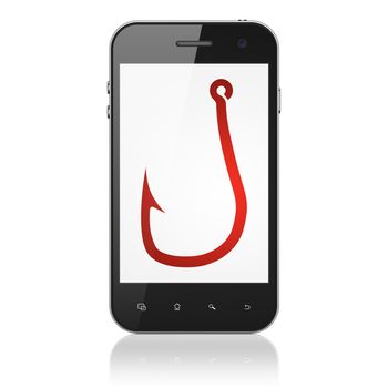 Safety concept: smartphone with Fishing Hook icon on display. Mobile smart phone on White background, cell phone 3d render
