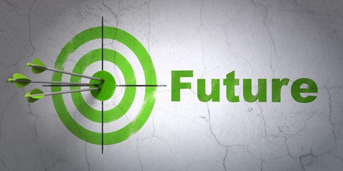 Success timeline concept: arrows hitting the center of target, Green Future on wall background, 3d render