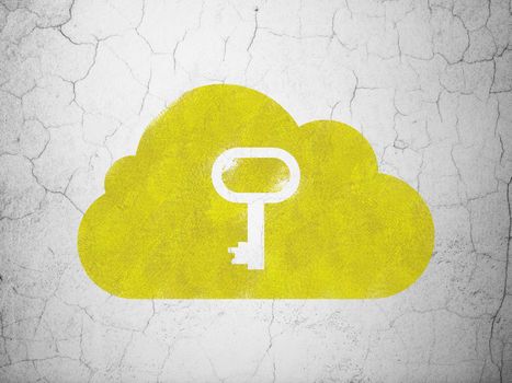 Cloud technology concept: Yellow Cloud With Key on textured concrete wall background, 3d render