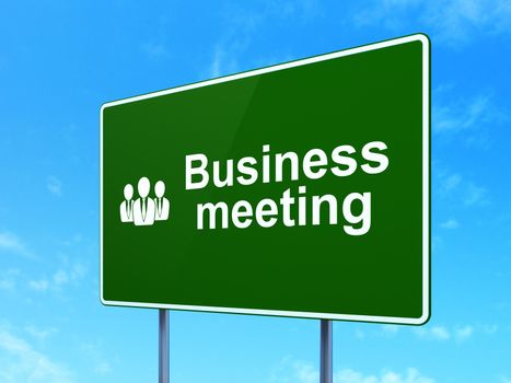 Business concept: Business Meeting and Business People icon on green road (highway) sign, clear blue sky background, 3d render