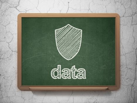 Data concept: Shield icon and text Data on Green chalkboard on grunge wall background, 3d render