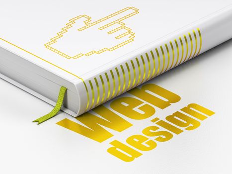 Web design concept: closed book with Gold Mouse Cursor icon and text Web Design on floor, white background, 3d render