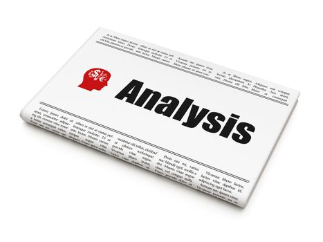 Marketing concept: newspaper headline Analysis and Head With Finance Symbol icon on White background, 3d render