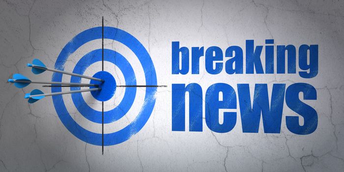 Success news concept: arrows hitting the center of target, Blue Breaking News on wall background, 3d render