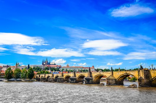 View of Charles Bridge and Prague Castle from the river Vltava, Czech Republic