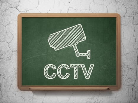 Security concept: Cctv Camera icon and text CCTV on Green chalkboard on grunge wall background, 3d render
