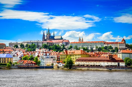 View of colorful old town and Prague castle with river Vltava, Czech Republic