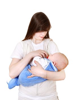 Young Mother holds the beautiful Baby Boy Isolated on the White Background