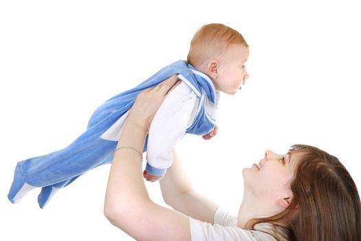 Side view of Young Mother and beautiful Baby Boy Isolated on the White Background