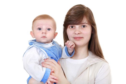 Young Mother and beautiful Baby Boy Portrait Isolated on the White Background