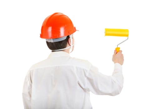 Back view of the Man in Hard Hat with Paint Roller Isolated on the White Background