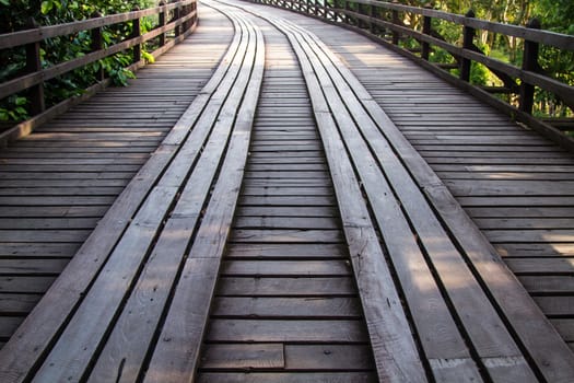 The old wooden bridge across the river