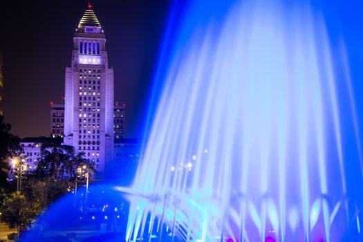 Los Angeles City Hall as seen from the Grand Park at night, Los Angeles, California, USA