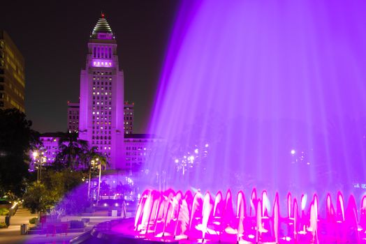 Los Angeles City Hall as seen from the Grand Park at night, Los Angeles, California, USA