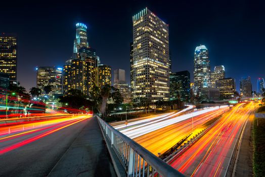 Downtown skylines lit up at night, Los Angeles, California, USA