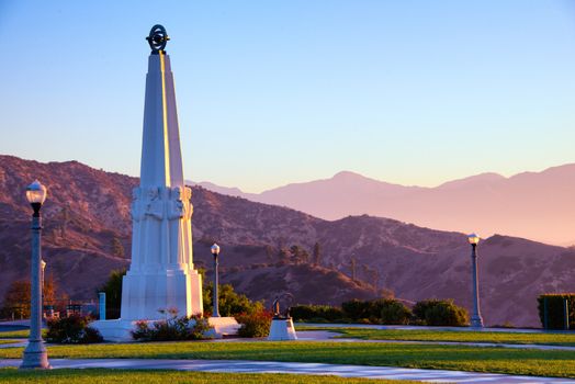 Astronomers Monument in Griffith Park at sunrise, Griffith Observatory, Los Angeles, California, USA