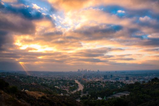 Los Angeles from the Hollywood Bowl Overlook at dusk, Los Angeles County, California, USA