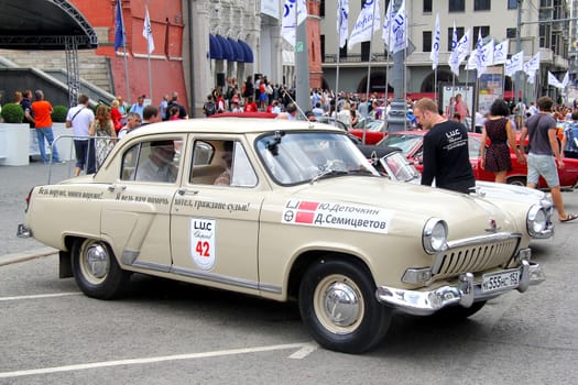 MOSCOW, RUSSIA - JUNE 2: Soviet motor car GAZ-21 Volga competes at the annual L.U.C. Chopard Classic Weekend Rally on June 2, 2013 in Moscow, Russia.