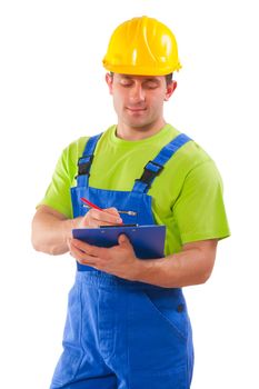 men wearing working clothes writing in clipboard