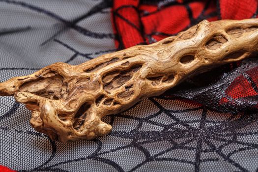 Wooden magic wand is on the web background for halloween