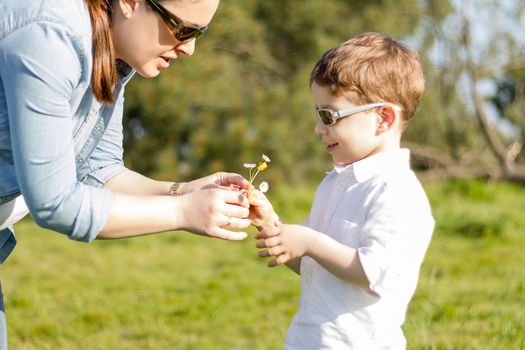 Happy cute son giving a bouquet of flowers to his mother in sunny field