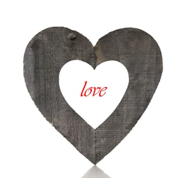 wooden heart shape isolated on white background and red love text