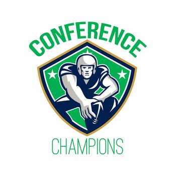 Illustration of an american football gridiron player center with hand on ball ready to snap facing front set inside crest shield with stars done in retro style with words Conference Champions.
