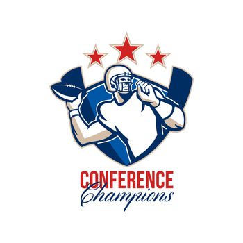 Illustration of an american football gridiron quarterback player throwing ball facing side set inside crest shield with stars and stripes flag done in retro style with words Conference Champions.