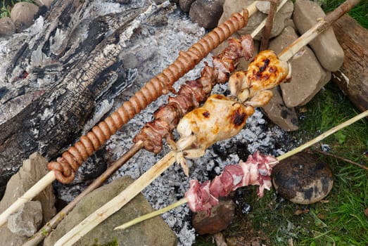 Roasting chicken and meat on open fire and live charcoals, outdoor picnic
