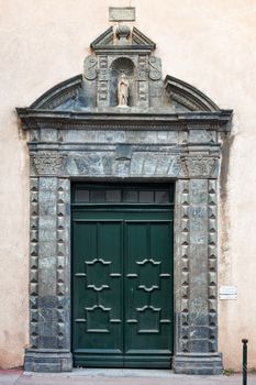 The gate of the St. Tropez church Notre damme de la Misericorde, PACA, France