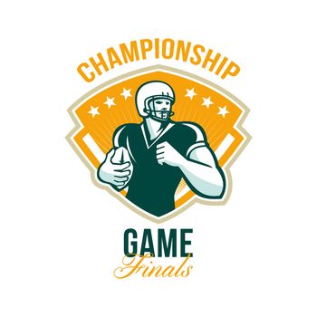 Illustration of an american football gridiron runningback player running with ball set inside crest shield done in retro style with words Championship Game Finals.