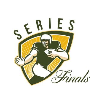 Illustration of an american football gridiron running back player running with ball facing front done in retro style set inside shield with words Series Finals.