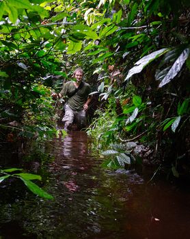 The photographer in the jungle goes through a bog. Republic of Congo. Africa