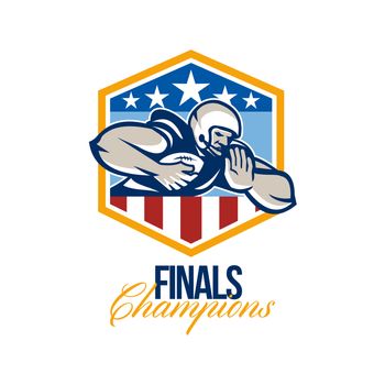 Illustration of an american football gridiron running back player running with ball facing front fending off with arm set inside USA stars and stripes crest shield done in retro style with words Finals Champions.